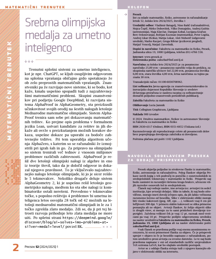 Notranja stran z rubriko Matematični trenutek in kolofonom
